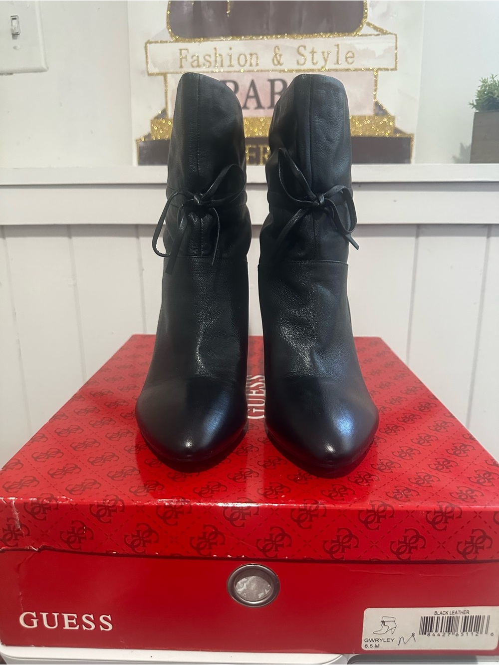 Guess Black Leather Ankle Booties with Bow-Tie Detail